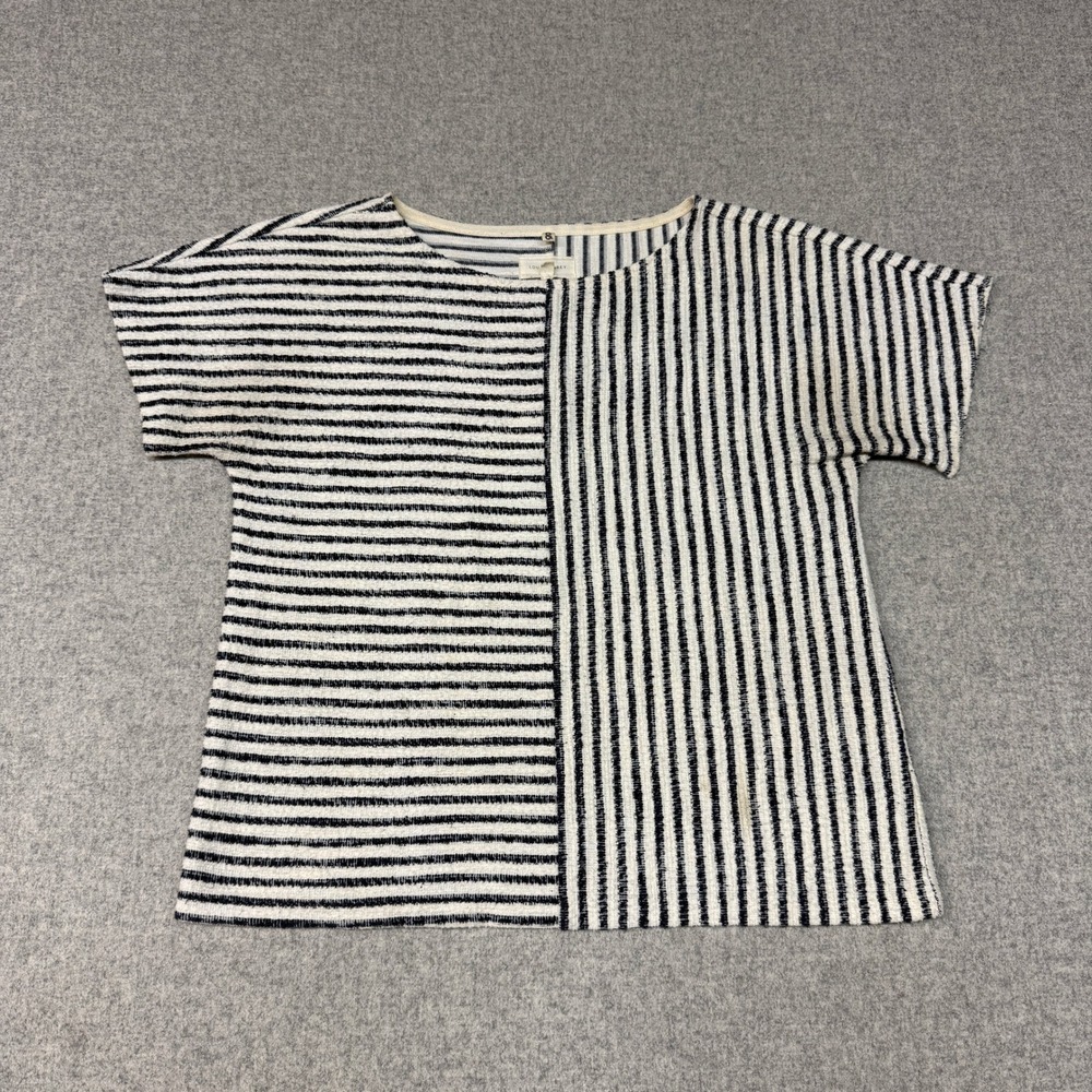 Lou & Grey Top XS Navy Blue White Striped Mixed Pattern Short Sleeve Cotton
